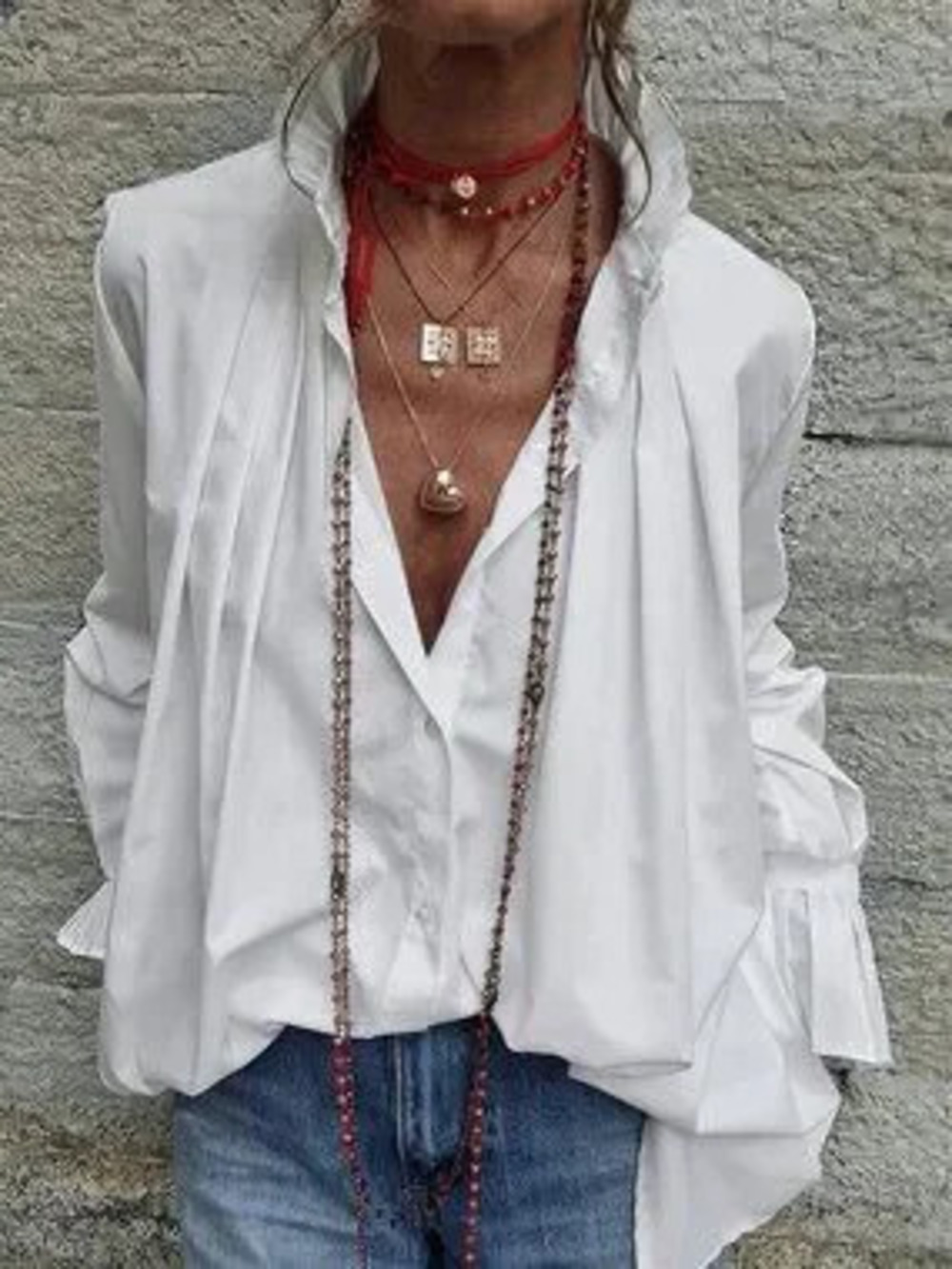 White Casual Women's Stand Collar Flared Ruffle Button Loose Pleated Shirt Top - Picture 6 of 6
